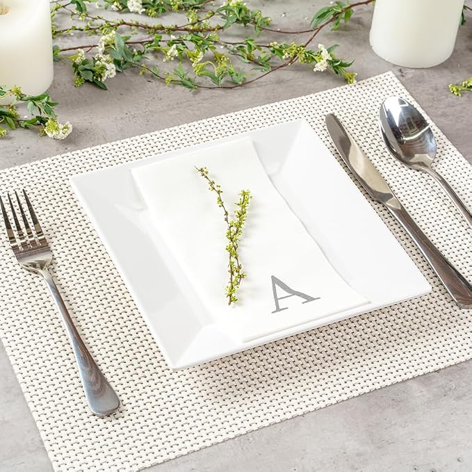 Luxenap 15.8 X 7.9 Inch Linen-Feel Guest Towels, 50 Lettered Hand Towels - Silver Letter 'A', Sans Serif Font, White Paper Dinner Napkins, airlaid, For Restrooms And Tables - Restaurantware