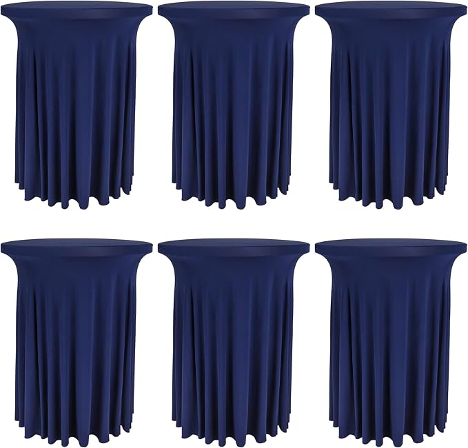 Fivenl 6 Pack Round Cocktail Tablecloth 32"x 43" Spandex Cocktail Table Skirt, Washable Stretch Fitted Table Covers for High Top Bar,Wedding,Party,Events (Navy Blue)