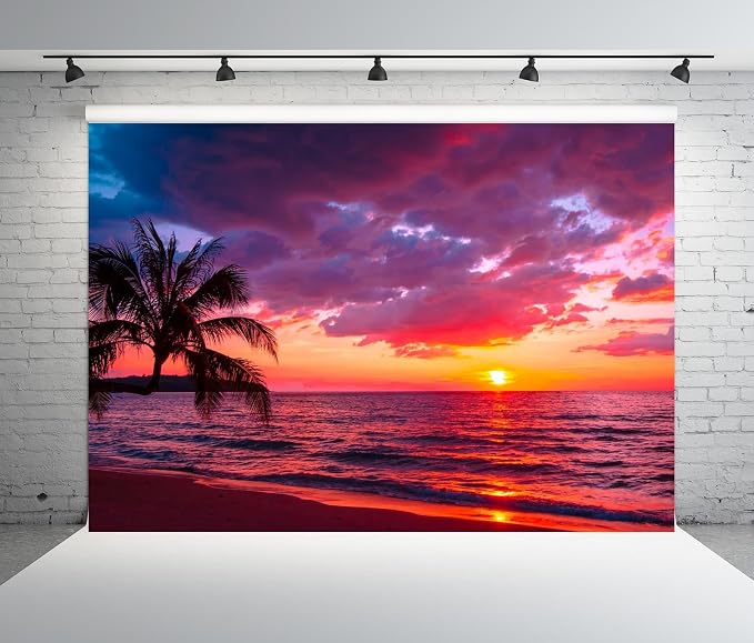 BELECO 20x10ft Fabric Sunset Beach Backdrop Tropical Seaside Coconut Palm Trees Background Backdrop Summer Beach Sunset Hawaii Luau Party Decorations Birthday Photoshoot Studio Photo Props