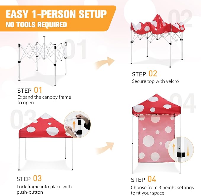 EAGLE PEAK Pop up Canopy 5x5, Outdoor Portable Canopy Tent with One Removable Sunwall, Carry Bag Included, Red Mushroom