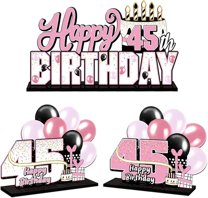 LINGTEER Happy 45th Birthday Pink Acrylic Table Topper Centerpieces Set - Cheers to 45 Years Old Birthday 45th Bday Party Gift Decorations.