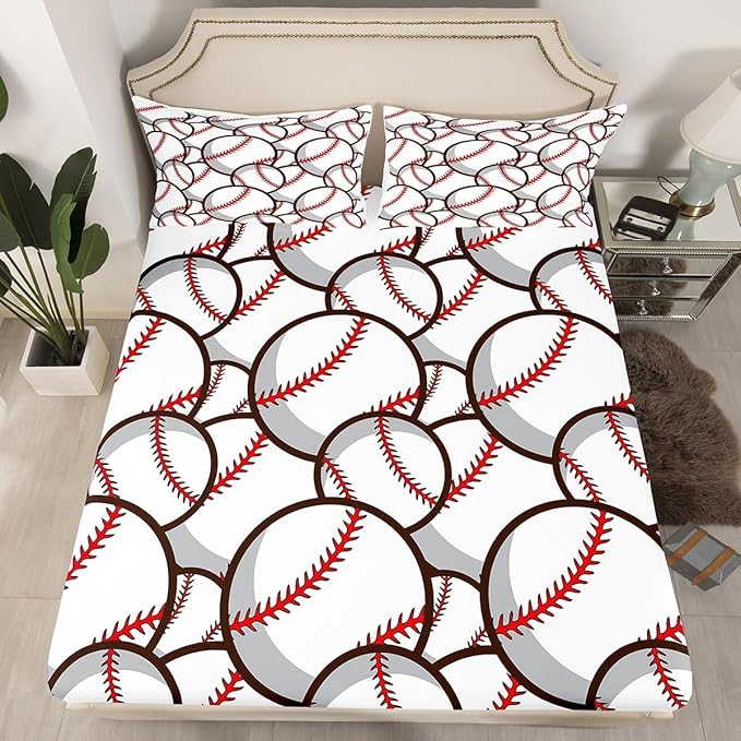 Castle Fairy Baseball Fitted Sheet Set King Size 4 Pcs,3D Baseball Boys Young Man Ball Sports Game,Bedding Sets (1 Fitted,1 Flat,2 Pillowcases) Luxury Deep Pocket Bed Sheets