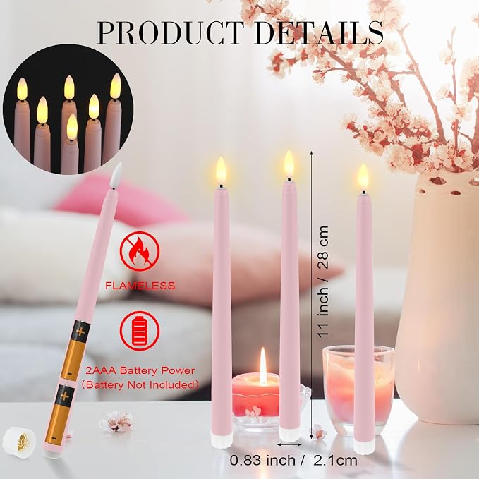 Macarrie 24 Packs Flameless Taper Candles Battery Operated Fake 11 Inch Long Candlelight LED Flameless Candlesticks Flickering Tapered for Summer Fall Wedding(Pink)