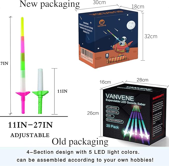 VANVENE Light Up LED Swords Expandable Laser Sabers Glow in Dark, Mini Glow Sticks, [20 Pack], 4-Section 5 Colors, Flashing Neon Party Favors