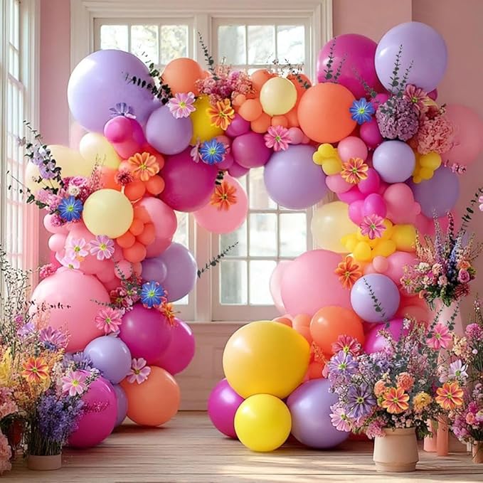 Hot Pink Purple Balloon Arch Double Stuffed Balloons with Artificial Flowers Eucalyptus Leaves Pastel Yellow Peach Magenta Latex Garland for Wildflower Birthday Baby Shower Wedding Floral Party Decor