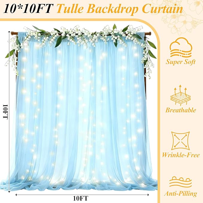 Ledido 3 Pack 10×10ft Blue Tulle Backdrop Curtains with Lights String - 900LED Fairy Lights Sheer Curtain Backdrop for Wedding Baby Shower Photo Shoot Birthday Party Decoration(6 Panels 5×10ft)，Blue