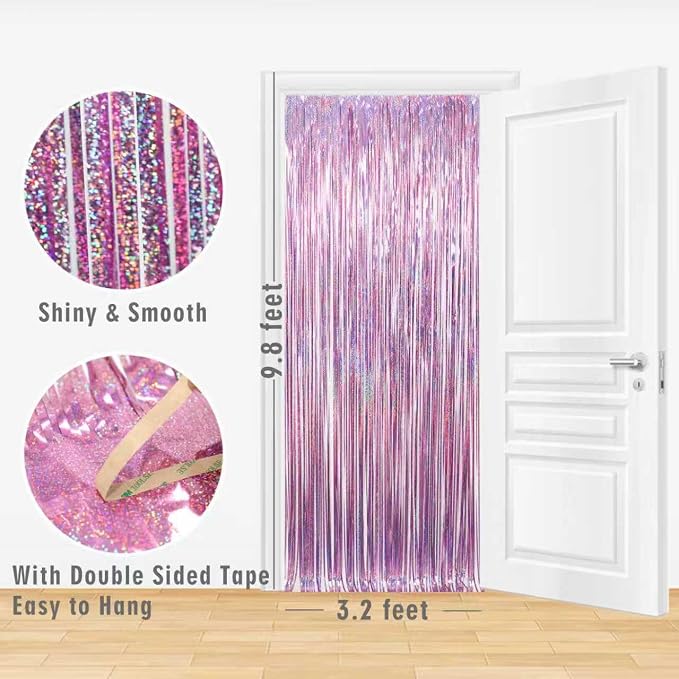 GOER 3.2 ft x 9.8 ft Metallic Tinsel Foil Fringe Curtains Party Photo Backdrop Party Streamers for Birthday,Graduation,New Year Eve Decorations Wedding Decor(5 Packs,Laser Pink)