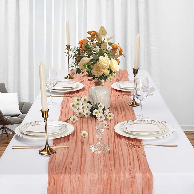12 Pack Coral Cheesecloth Table Runner 10Ft Spring Gauze Cheese Cloth Table Runner 35x120 Inch Boho Sheer Rustic Fabric for Holiday Party Decor Baby Shower Wedding Decorations