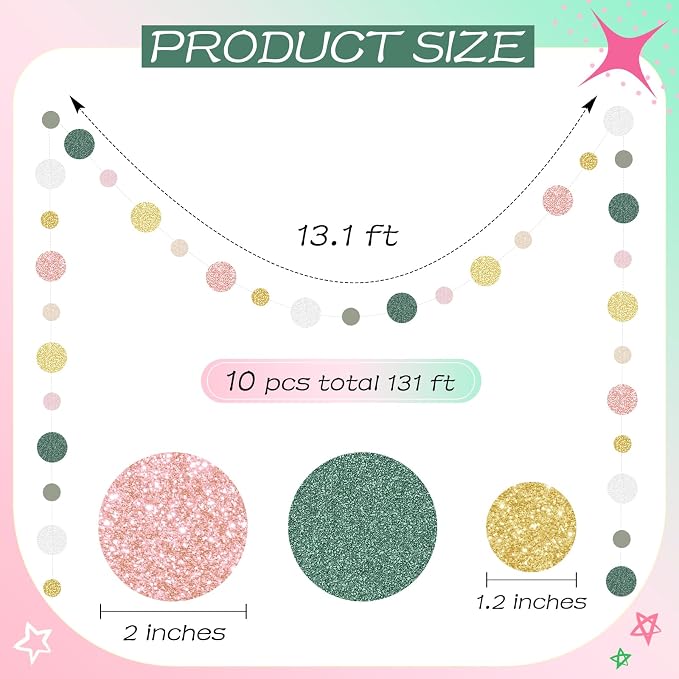 Outus 10 Pieces Colorful Circle Garland Banner Hanging Paper Dot Decorations for Classroom, Birthday Party, Baby Shower, Wedding Backdrop & Photo Booth Graduation Decor (Sage Green,Pink,Gold)