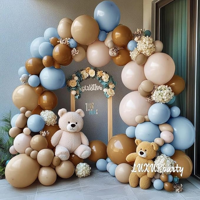 Blue Brown Nude Balloon Garland Double Stuffed Dusty Blue Coffee Pastel Balloon Kit for Teddy Bear Baby Shower Boy Birthday Gender Reveal Boho Theme Party Decorations