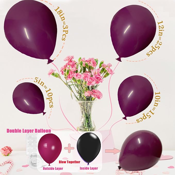 Double Stuffed Deep Mauve Balloons,18 12 10 5 Inch Violet Deep Balloons Different Sizes,Double Stuffed Purple Balloon Arch for Boho Party, Baby Shower, Birthday, Weddings (Deep Mauve)