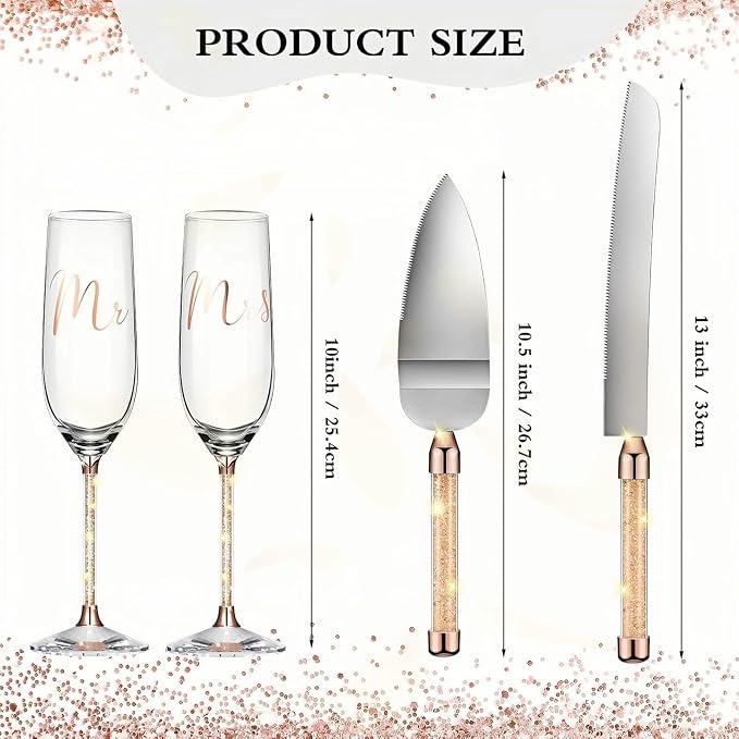 Wedding Cake Knife and Server Set, Mr and Mrs Champagne Flutes, Bride and Groom Champagne Glasses and Wedding Cake Cutting Set for Valentines, Wedding, Engagement, Bridal Shower Gifts (Gold)