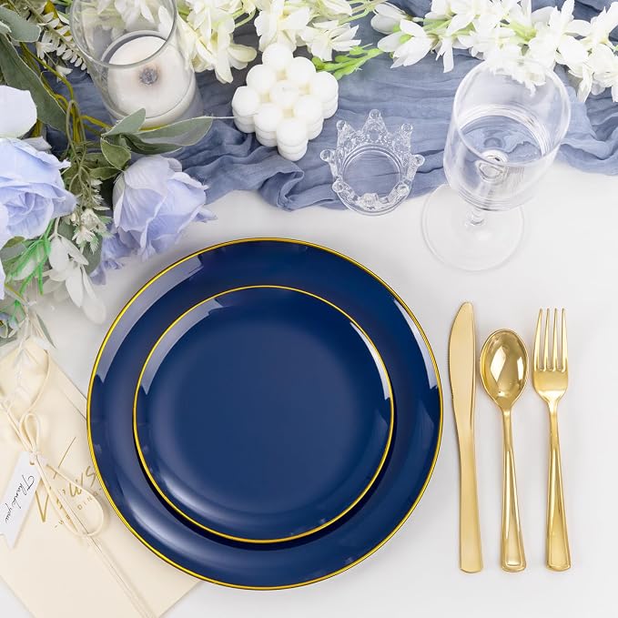 YOUBET 125PCS Blue Plastic Plates - Navy Blue Disposable Plates With Gold Rim Include 25 Dinner Plate, 25 Dessert Plate, 75 Gold Silverware Cutlery for Party & Wedding