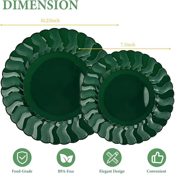 Lullaby 60PCS Green Scalloped Plastic Plates, Disposable Elegant Party Plates Include 30pcs Dinner Plate 10.25", 30pcs Plastic Dessert Plate 7.5", Perfect for Wedding and Party