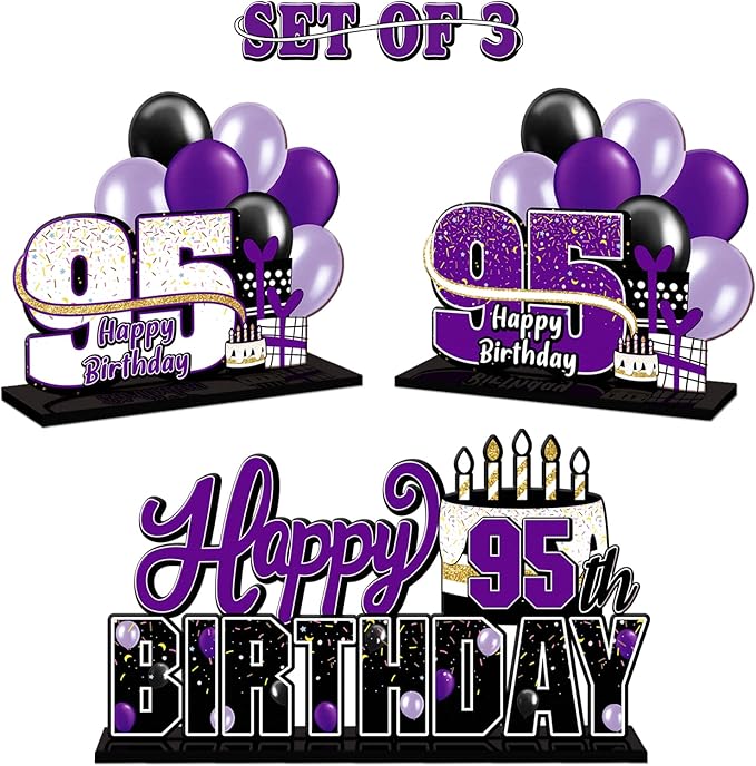 LINGTEER Happy 95th Birthday Purple Acrylic Table Topper Centerpieces Set - Cheers to 95 Years Old Birthday 95th Bday Party Gift Decorations.