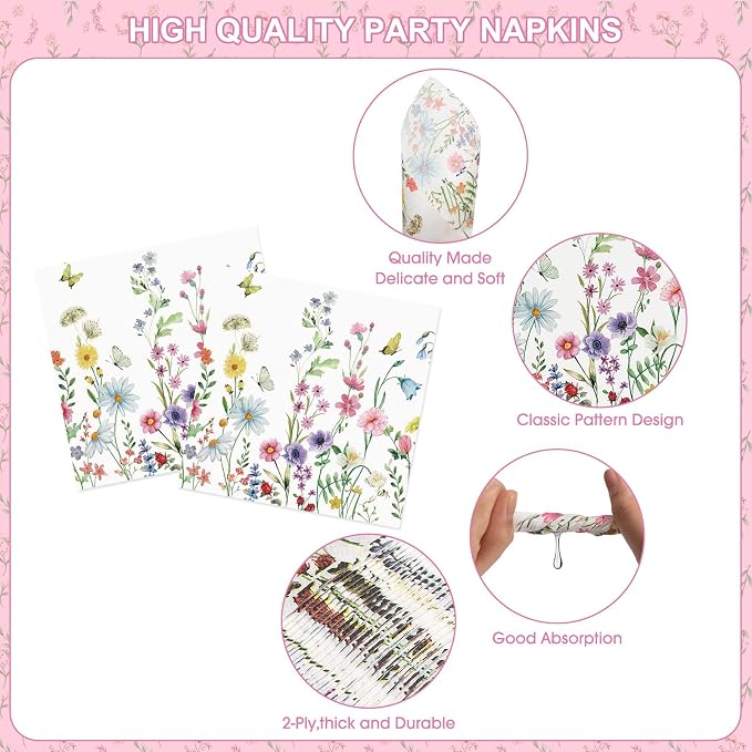170 Pcs Spring Flower Birthday Party Decorations Sets, Includes Happy Birthday Banner, Floral Plates, Napkins, Cups, Plastic Silverware, Tablecloth for Wildflower Bday Party Supplies Decor, Serve 24