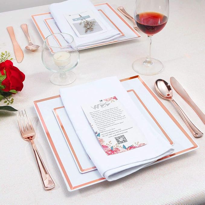 WDF 125pcs Rose Gold Plates with Disposable Silverware - Plastic Plates Dinnerware Include 25Dinner Plate,25 Salad Plate,25 Forks,25 Knives,25 Spoons for Wedding Party Birthday Mother's Day