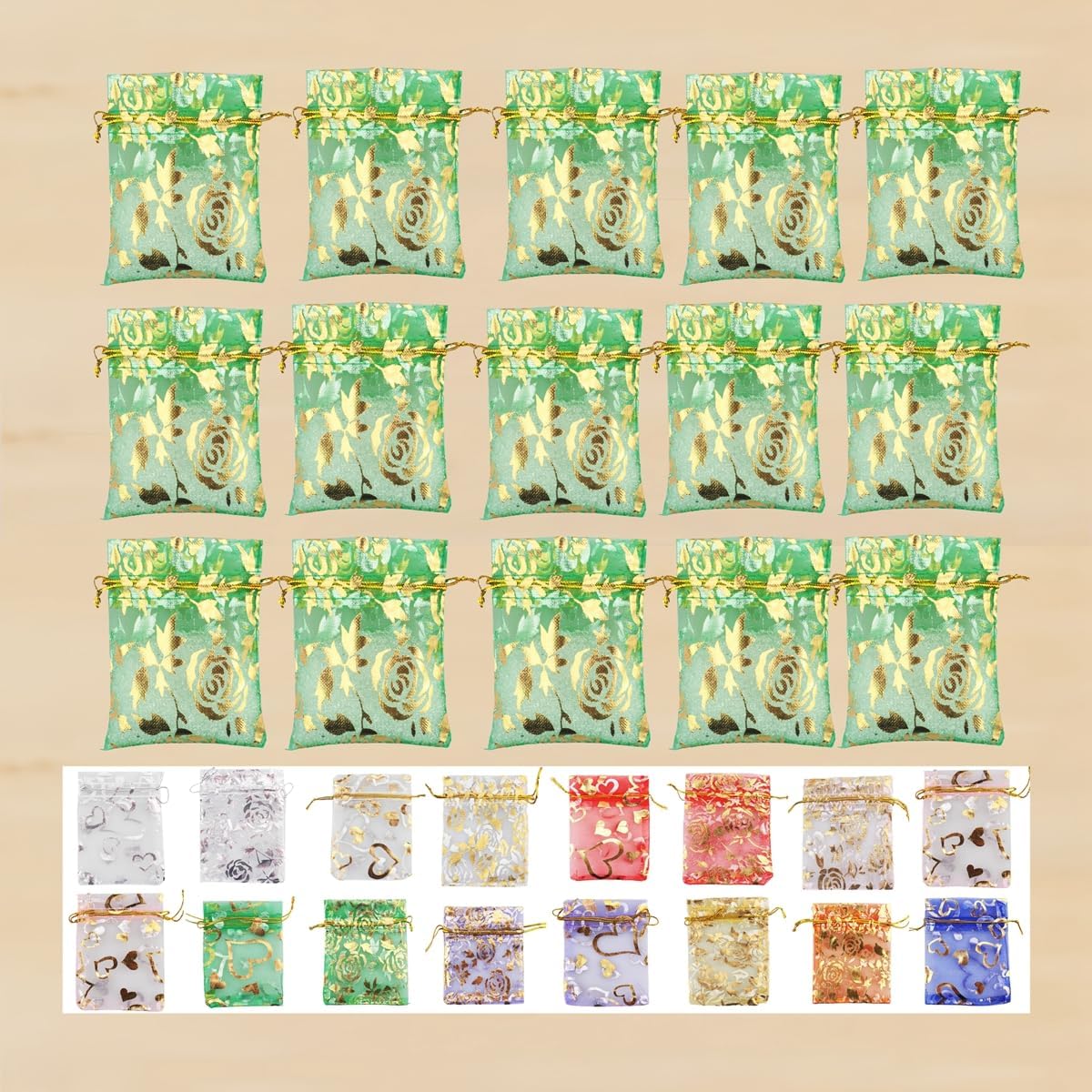 QIANHAILIZZ 100 Pack 2.8 x 3.5 Inch Flower Heart Organza Jewelry Gift Pouch Candy Pouch Drawstring Wedding Favor Bags B511S (green gold flower)