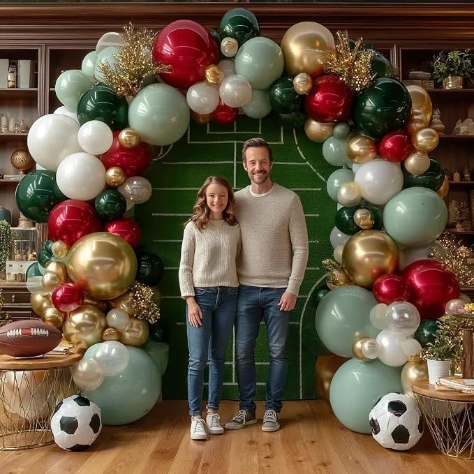 Soccer Balloon Arch Kit, Double Stuffed Dark Green Red Pearl White Gold Balloons Emerald Green Burgundy Balloon Garland for World Cup Soccers Football Sports Theme Birthday Graduation Party Decoration