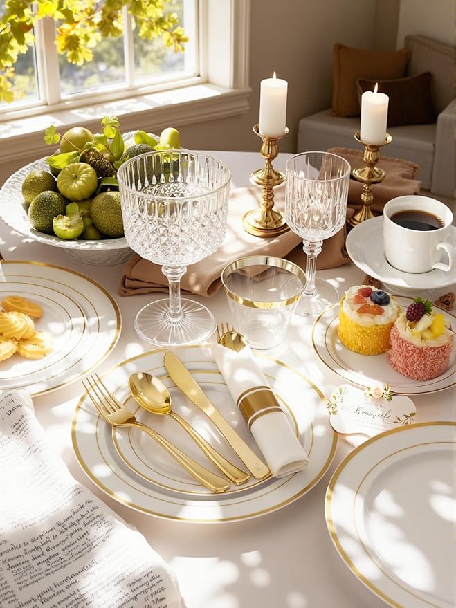 WDF 25Guest Gold Plastic Plates - Heavy Duty Plastic Plates Dinnerware - Include 25 Dinner Plate 25 Salad Plates 50 Forks 25 Knives 25 Spoons 25 Cups 25 Mini Forks for Wedding Birthday Valentine’s Day
