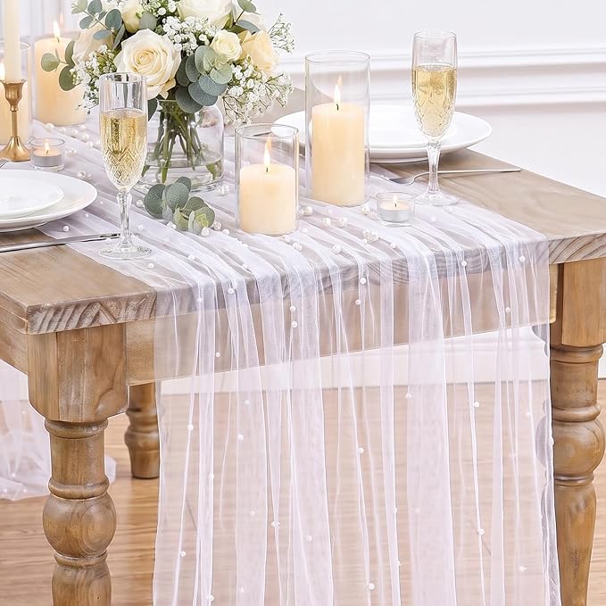 Pearl Gauze Table Runner Tulle Centerpieces Fabric: White 10ft Wedding Veil Seasonal Dessert Chiffon Pearl Lace Boho Overlay Farmhouse Wedding Aisle Runner Party Decorations Doilies