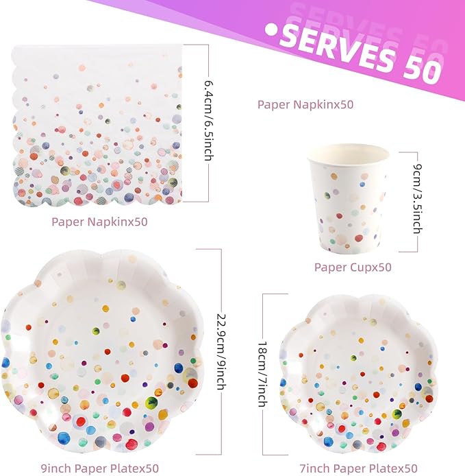 Colorful Birthday Plates and Napkins 200PCS Confetti Happy Birthday Party Plates Set Disposable Tableware Serve 50 for Art Paint Party Supplies Bubble Decorations-Colorful Paper Plates