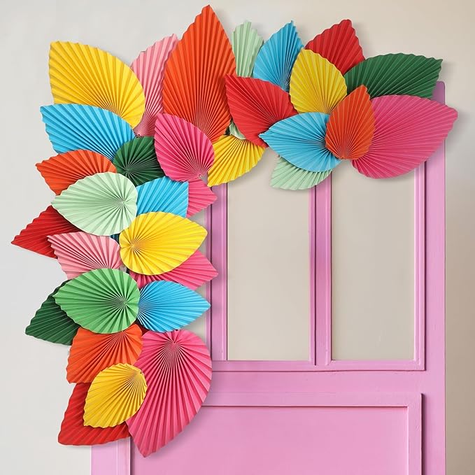 MotiMind 40 Pcs Mexican Paper Fans Party Decorations Hawaiian Paper Palm Leaves Fiesta Vibrant Colorful Fans Backdrop Decor for Carnival Party Supplies Birthday Wall Photo Props