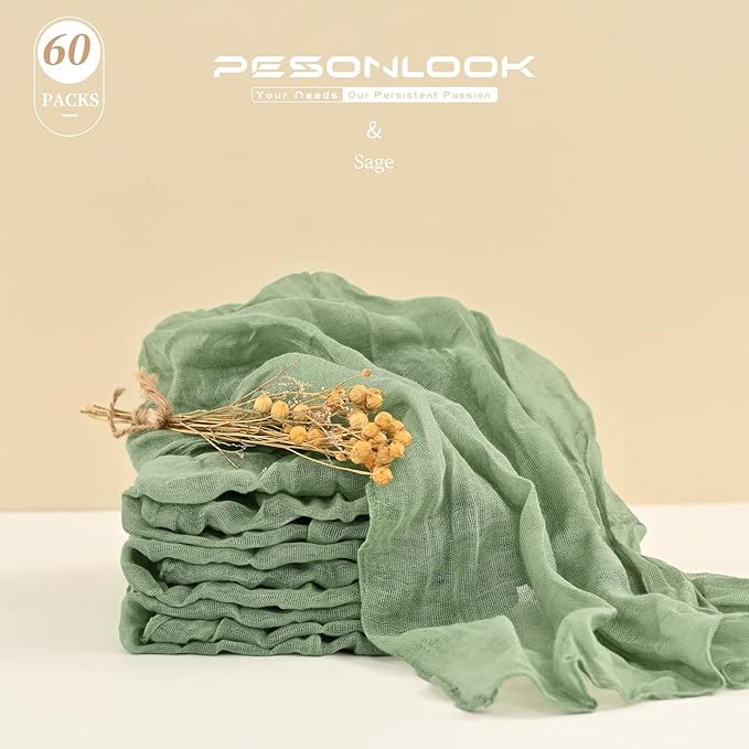60 PCS Sage Green Gauze Cheesecloth Napkins,20x20 Inch Gauze Napkin Rustic Wrinkled Cheesecloth Napkin Bulk Washable Dinner Table Napkins for Wedding Party Bridal Shower Baby Shower Events Decor