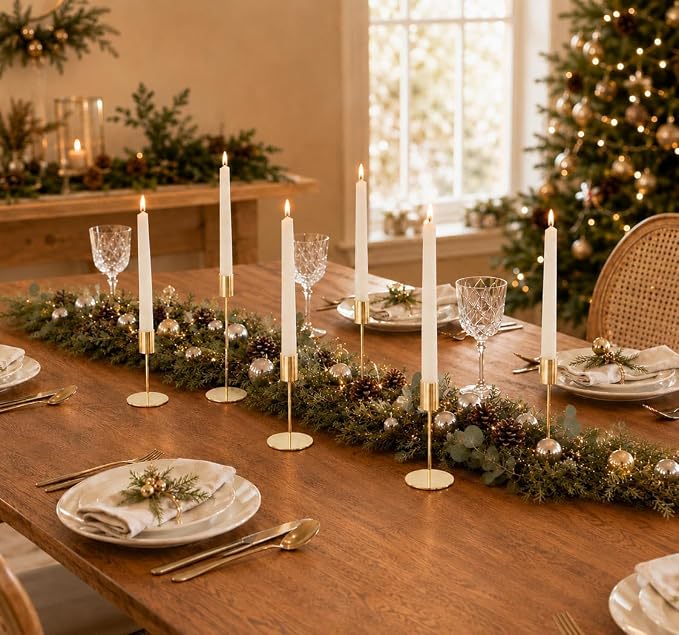 zeochyni French Gold Taper Candle Holders Set of 6, Tall Metal Candlestick Holders in 3 Heights with Weighted Base for Wedding Table Centerpiece, Dining Table, Mantel Decor and Housewarming Gift