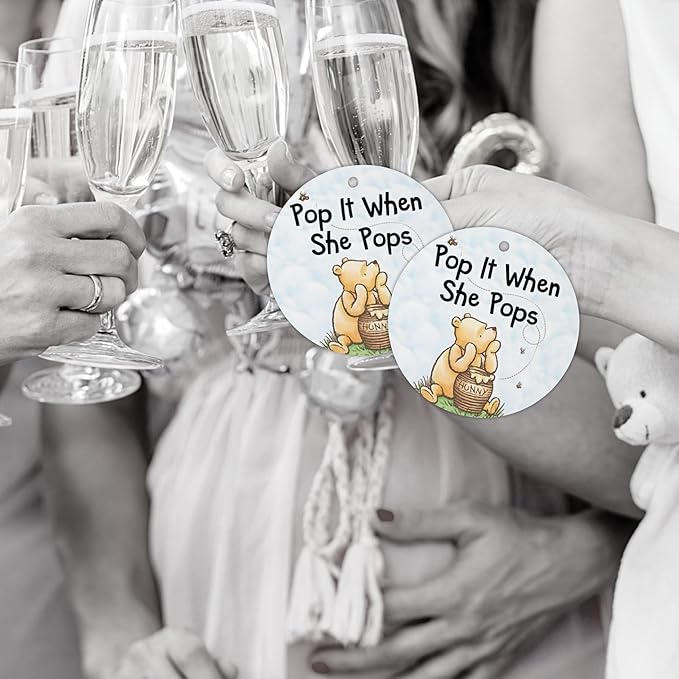 Honey Bear Pop It When She Pops Pooh 30pk 2.5” Hang Tags Champagne Tags for Baby Shower Labels Tie Ribbon On with Holes Butterly