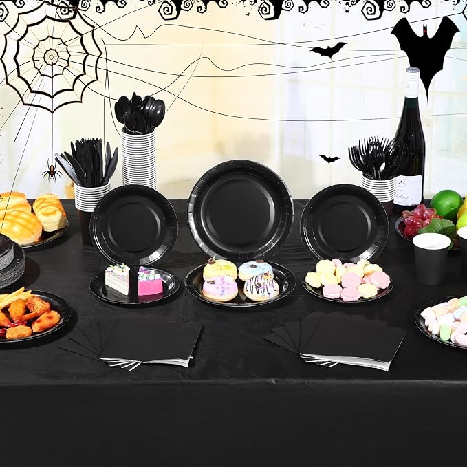 422 Pcs Black Disposable Party Supplies Serves 60 Guests Paper 7'' 9'' Plates Cups Napkins Plastic Tableware Spoons Forks Knives 2 Pcs Table Cover for Birthday Wedding Decorations(Black)