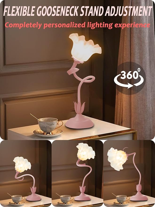 AQDZCNF Flower Table Lamp,LED Reading Light Bedside Vintage Flower Night Light,3 Colors Modes Kawaii Bedside Lamps Decor,Living Room Bedroom Room Lighting Table Lamps Home Decoration (Pink)