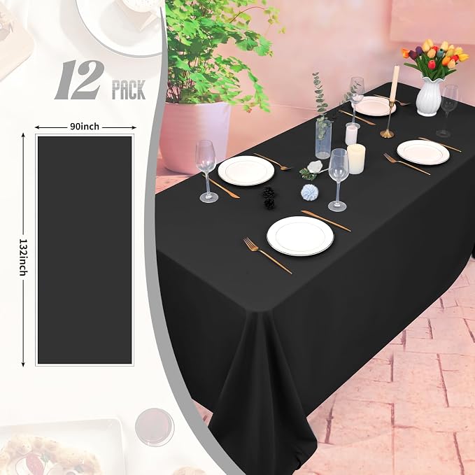 12 Pack Black Tablecloth 90x132 Inch Rectangular Table Cover | Wrinkle Resistant, Machine Washable Reusable, Wedding, Banquet, Restaurant, Party, Baby Shower,Indoor Outdoor Events