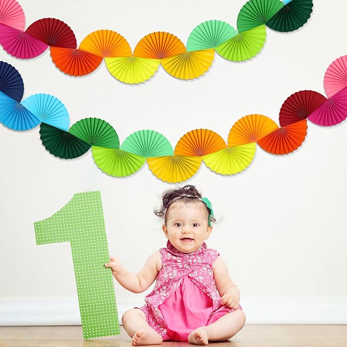 3 Pack Wedding Paper Fans Garland 15.6ft Colorful Background Ceiling Hanging Decorations Set for Birthday Party Supplies 3D Bachelorette Party Decorations (Rainbow)