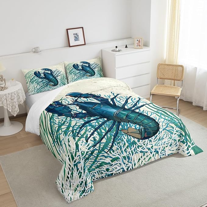 Feelyou Lobster Print Comforter Set Queen Size Kids Ocean Creature Comforter for Boys Girls Teens Marine Theme Bedding Set Underwater Animal Pattern Duvet Set Nature Pattern Quilt