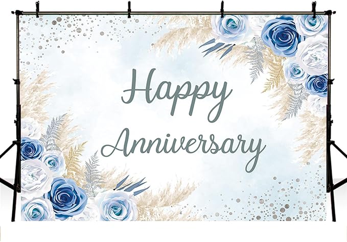 MEHOFOND Boho Happy Anniversary Backdrop Blue Floral Bohemia Pampas Grass Anniversary Banner Cheers to Marriage Wedding Party Decorations Memorial Portrait Photo Booth Background 10x7ft