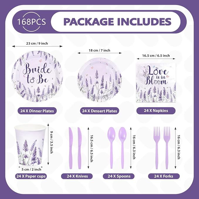 168 Pcs Purple Lavender Bridal Shower Party Supplies Floral Flower Plates Napkins Cups Forks Knives Spoons Bride to Be Paper Tableware Set for Bachelorette Wedding Engagement Decorations Serves 24
