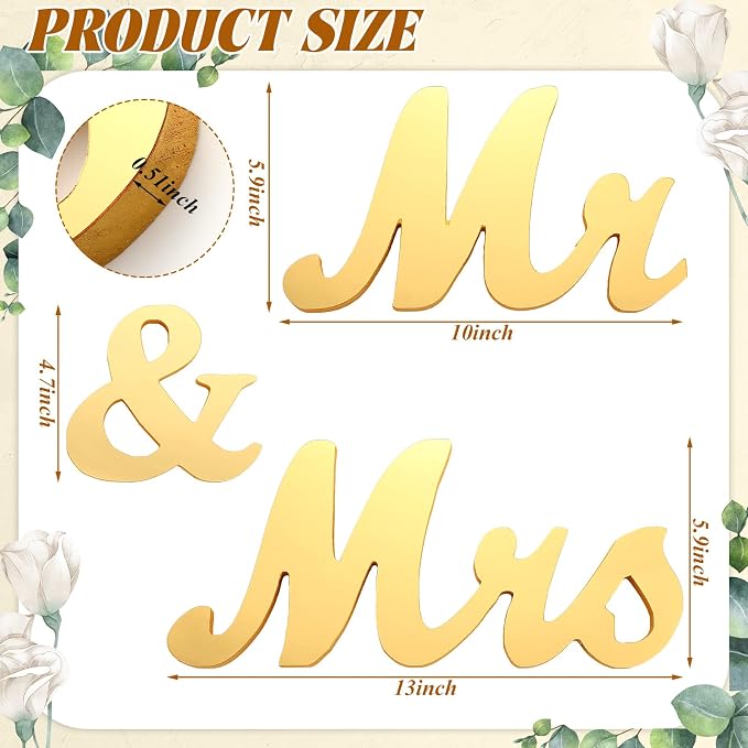 Yuntau Mr & Mrs Table Sign with Acrylic Mirror Wooden Freestanding Letters Sweetheart Table Decorations & Photo Props for Wedding Anniversary Parties Photo Props, Rustic Shower Gift(Gold)