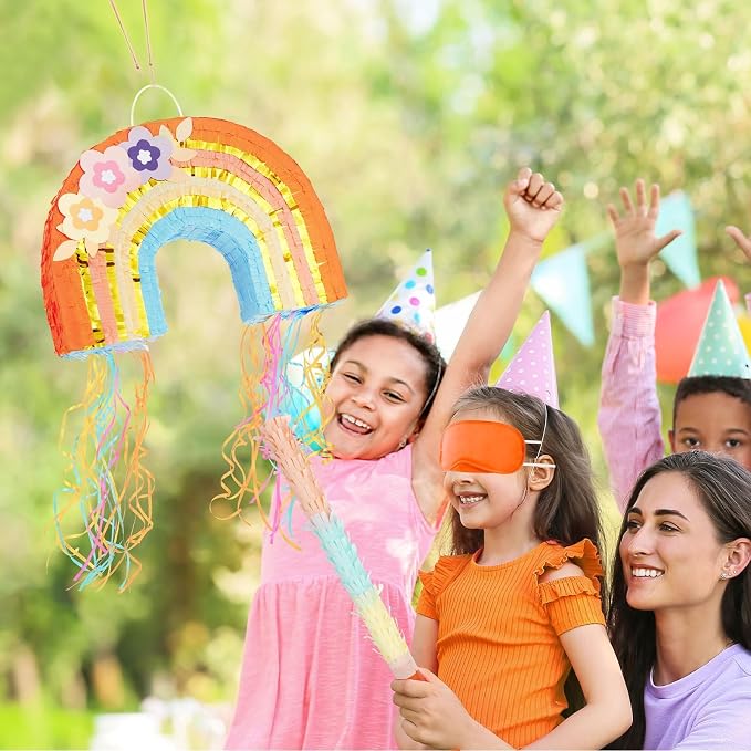 WERNNSAI Rainbow Piñata - Rainbow Pull String Piñata with Bundle with Blindfold and Bat for Girls Kids Boho Theme Birthday Party Decoration Game for Baby Shower Carnival Summer Party Supplies