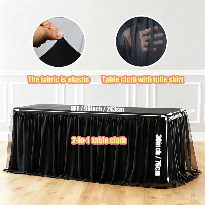 2-Pack Black 2-in-1 Tulle Tablecloth for 8-Foot Rectangular Table – Stretch Fitted Table Skirt & Cover for Baby Shower, Bridal, Birthday, Princess Party