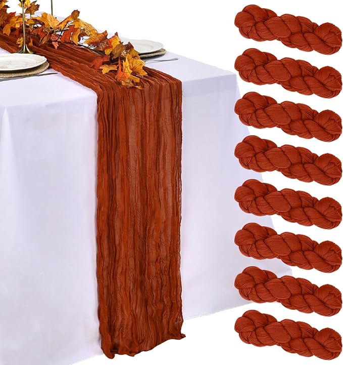 8 Pack Table Runner Terracotta Cheesecloth 10ft Boho Gauze Fabric 120 Inch Burnt Orange Cheese Cloth Table Runner Rustic Sheer for Holiday Baby Shower Party Décor Home Wedding Decoration