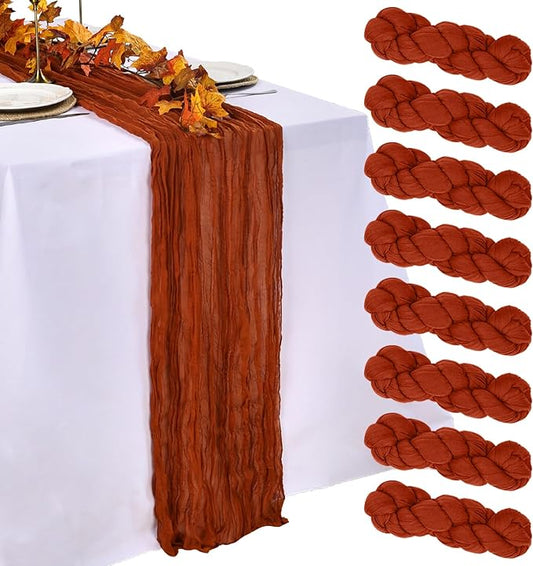 8 Pack Table Runner Terracotta Cheesecloth 10ft Boho Gauze Fabric 120 Inch Burnt Orange Cheese Cloth Table Runner Rustic Sheer for Holiday Baby Shower Party Décor Home Wedding Decoration