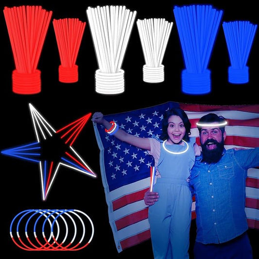 300 PCS Glow Sticks Bulk Glow Bracelet and Necklaces with 150PCS Connectors 8" Glowsticks Light Up Neon Party Favors for July 4th Halloween Wedding Birthday Hawii Carnival(RedBlueWhite)