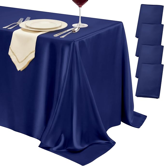 4 Pack Navy Blue Satin Tablecloth 58 x 102 Inches, Rectangular Satin Table Cloths for Wedding Reception, Birthday Party, Graduation & Holiday Banquet Tables