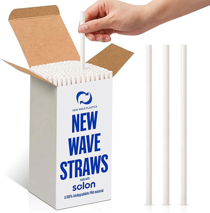 Biodegradable New Wave Straws, PHA, 250 Count, Free of Microplastics and Toxins, Won’t Get Soggy, for Hot & Cold Drinks, Home Compostable, Unwrapped, 7.75"
