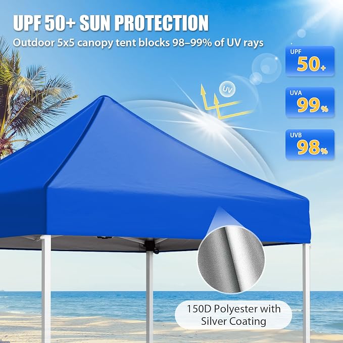 EAGLE PEAK 5x5 Pop Up Canopy Tent Instant Outdoor Canopy Easy Set-up Straight Leg Folding Shelter, Blue