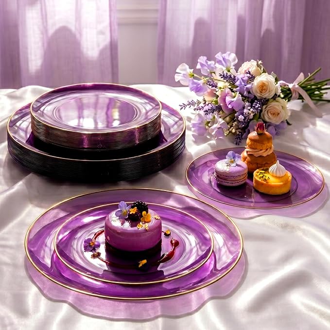 YOUBET 125PCS Purple Plastic Plates - Purple Disposable Plates With Gold Rim - Include 50 Dinner & Dessert Plate, 75 Gold Cutlery Perfect for Wedding Parties & Party