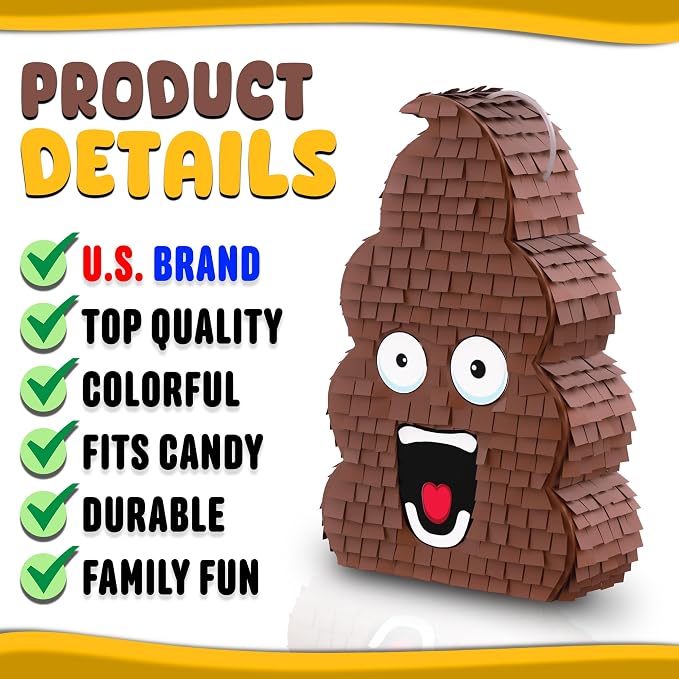Jergrim Funny Poop Piñata 4-Piece Set perfect for Birthday Parties, Decorations, Emoticon Parties, Fun shape, Great Party Addition for kids, teens, and adults 17”X10” Durable!