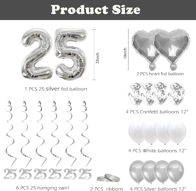 25th Anniversary Decorations Party Supplies Set of Happy Anniversary Photo Banner and Balloons,Hanging Swirls for 25 year Wedding decor(silver)