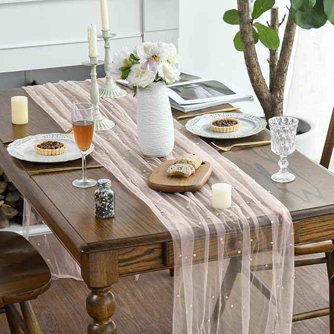 Artoid Mode 6PCS Pearl Pink Gauze Table Runner 120 Inch 10FT, Seasonal Sheer Dining Holiday Wedding Birthday Baby Shower Table Decor for Home Party